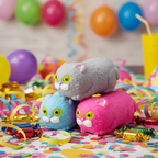 Three Kitty Kins squishy cat squeeze toys in blue grey and pink on kids birthday party table as party bag gifts