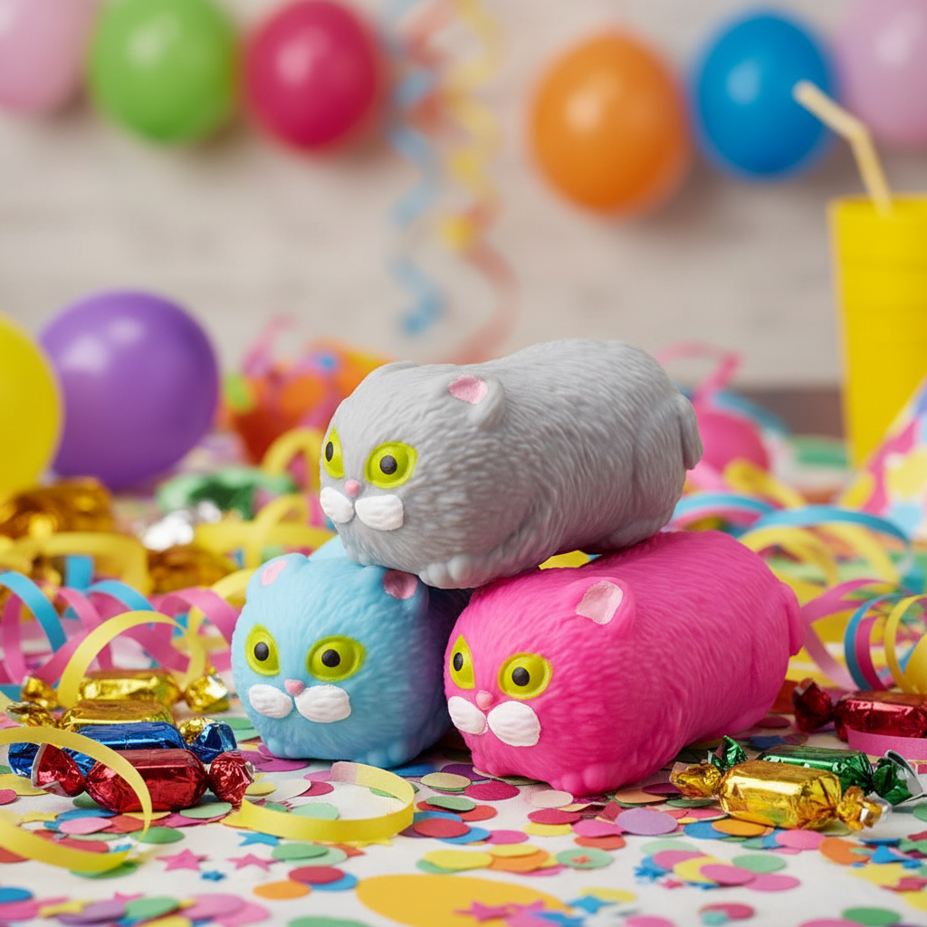 Three Kitty Kins squishy cat squeeze toys in blue grey and pink on kids birthday party table as party bag gifts