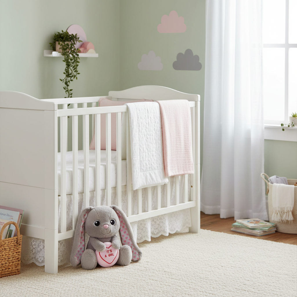 Swizzels Love Heart Bunny grey plush in styled baby girl nursery beside white cot