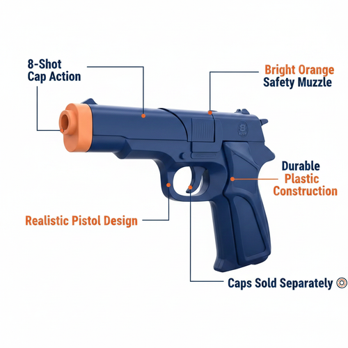 HTI Swat Mission cap revolver toy gun feature infographic with callout labels on white background