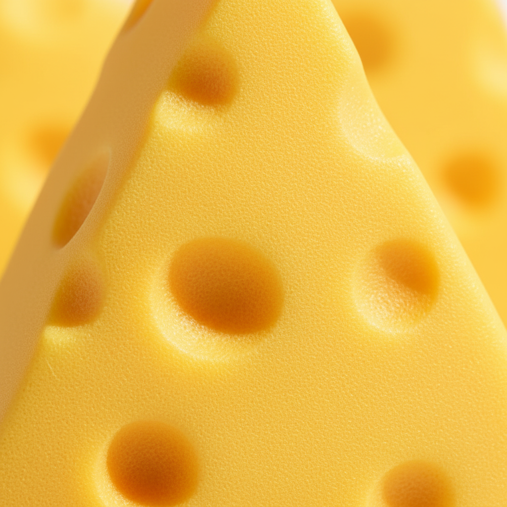 Extreme macro close-up of large squishy triangle cheese toy surface texture, cheddar yellow slow-rise foam detail