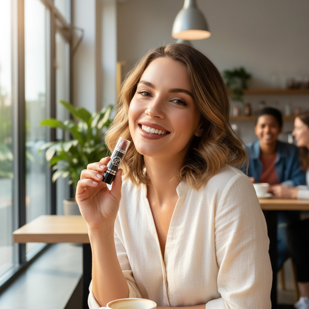 Woman confidently applying Laval Lipstick Tawny 37 in modern setting