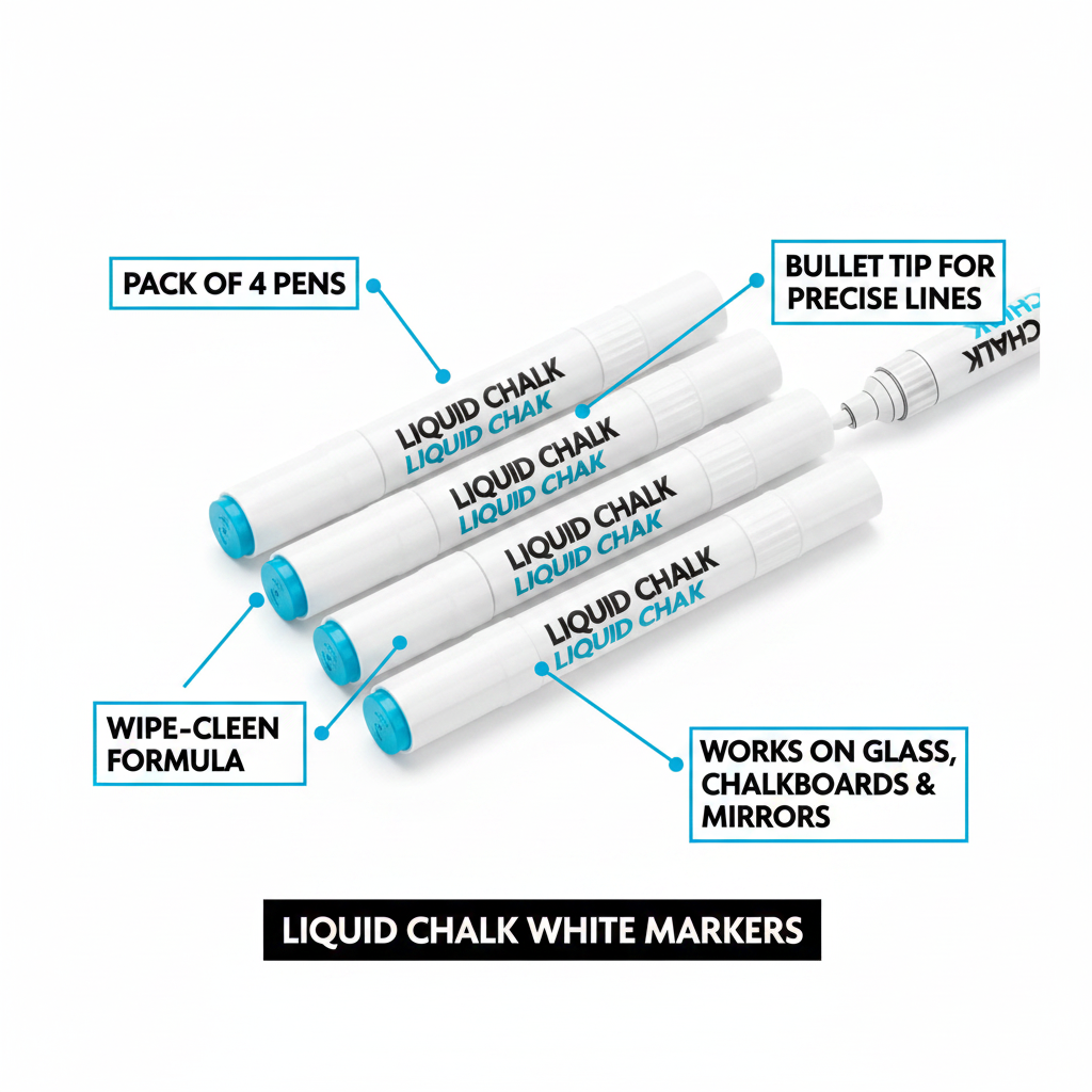 Liquid Chalk White Pens Pack Of 4 feature infographic highlighting pack contents, bullet tip, wipe-clean formula and surface compatibility