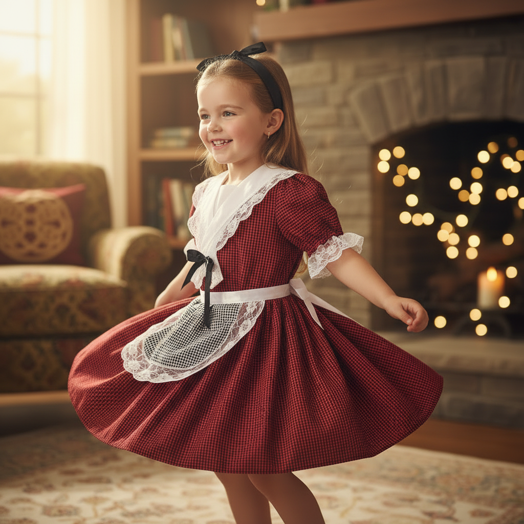 Girl aged 7-8 years dancing in Welsh costume at traditional celebration showing red checked dress with white lace and apron