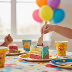 Child using an eco birchwood wooden fork at a colourful kids birthday party