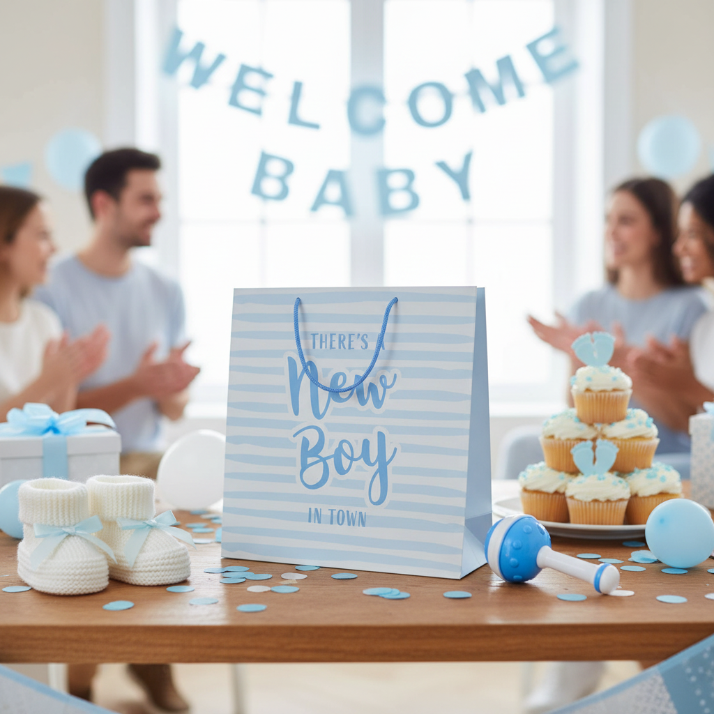 Blue baby boy gift bag displayed at baby shower celebration with decorations