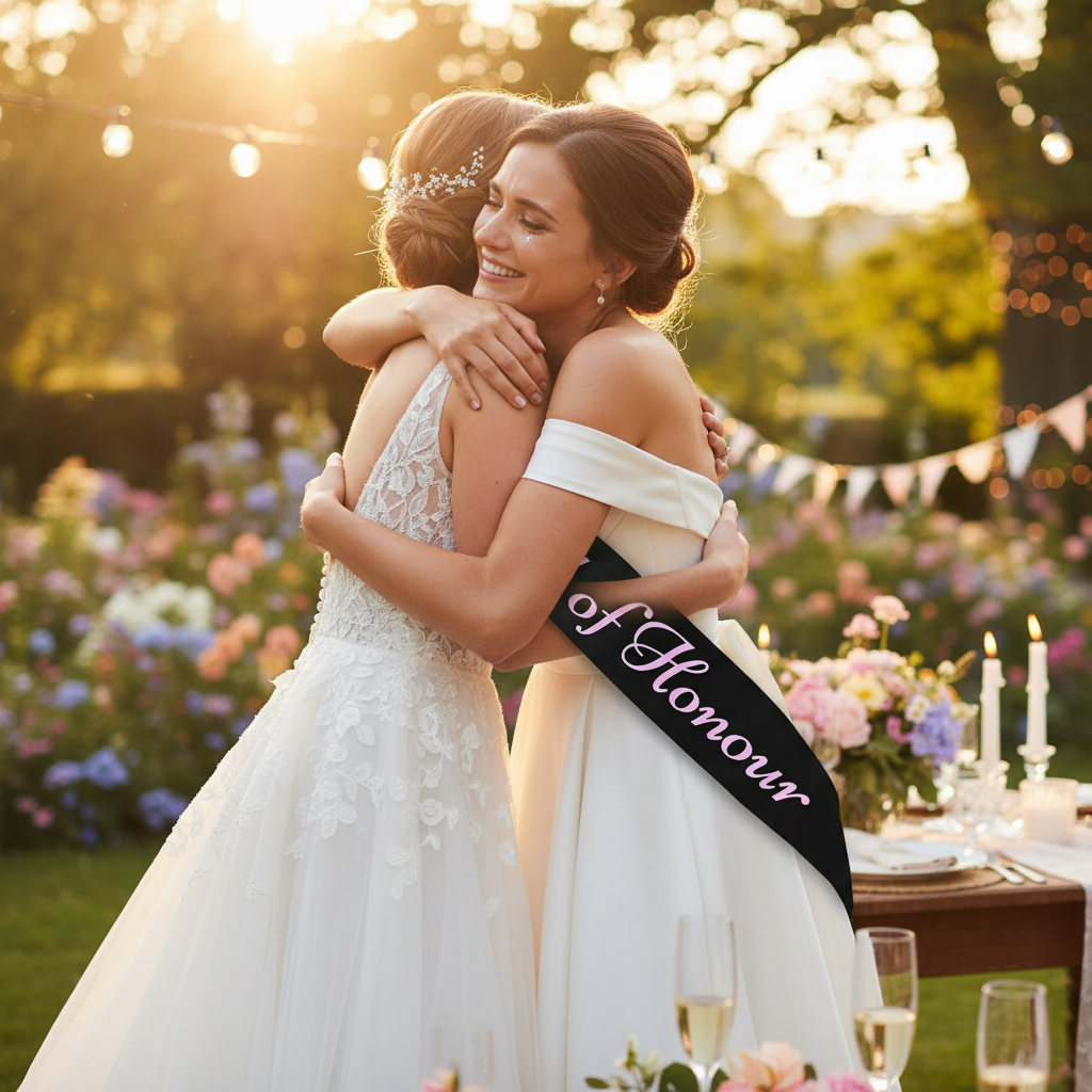 Bride and Maid of Honour celebrating at garden hen party wearing black sash - Why Not Shop