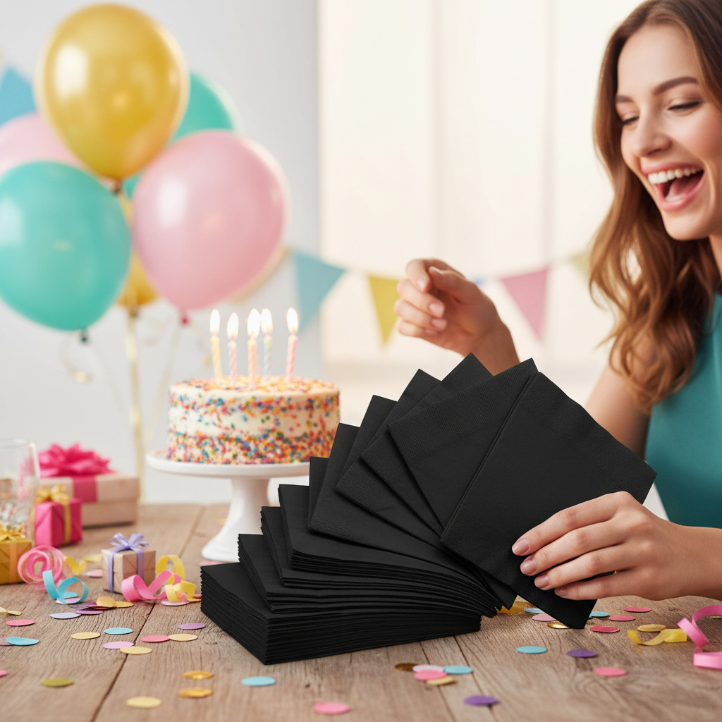 Black luncheon napkins at a birthday party celebration with balloons and confetti
