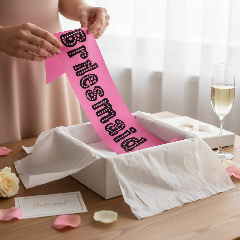 Hands unboxing a pink satin bridesmaid sash from a gift box with rose petals and prosecco on a table