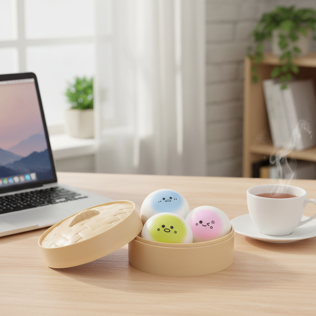 Kawaii squishy bao bun dumplings in bamboo steamer displayed on a tidy desk beside a laptop and cup of tea as a stress-relief desk companion