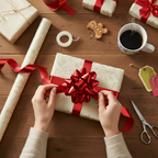 Hands wrapping a gift with Eleganza metallic red poly ribbon