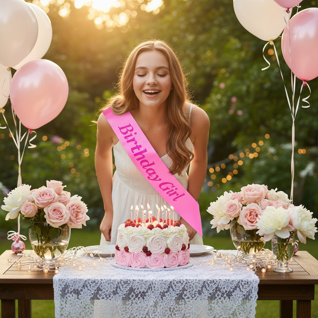 Teenage girl in Pink Birthday Girl Satin Sash blowing out birthday candles at an outdoor garden party
