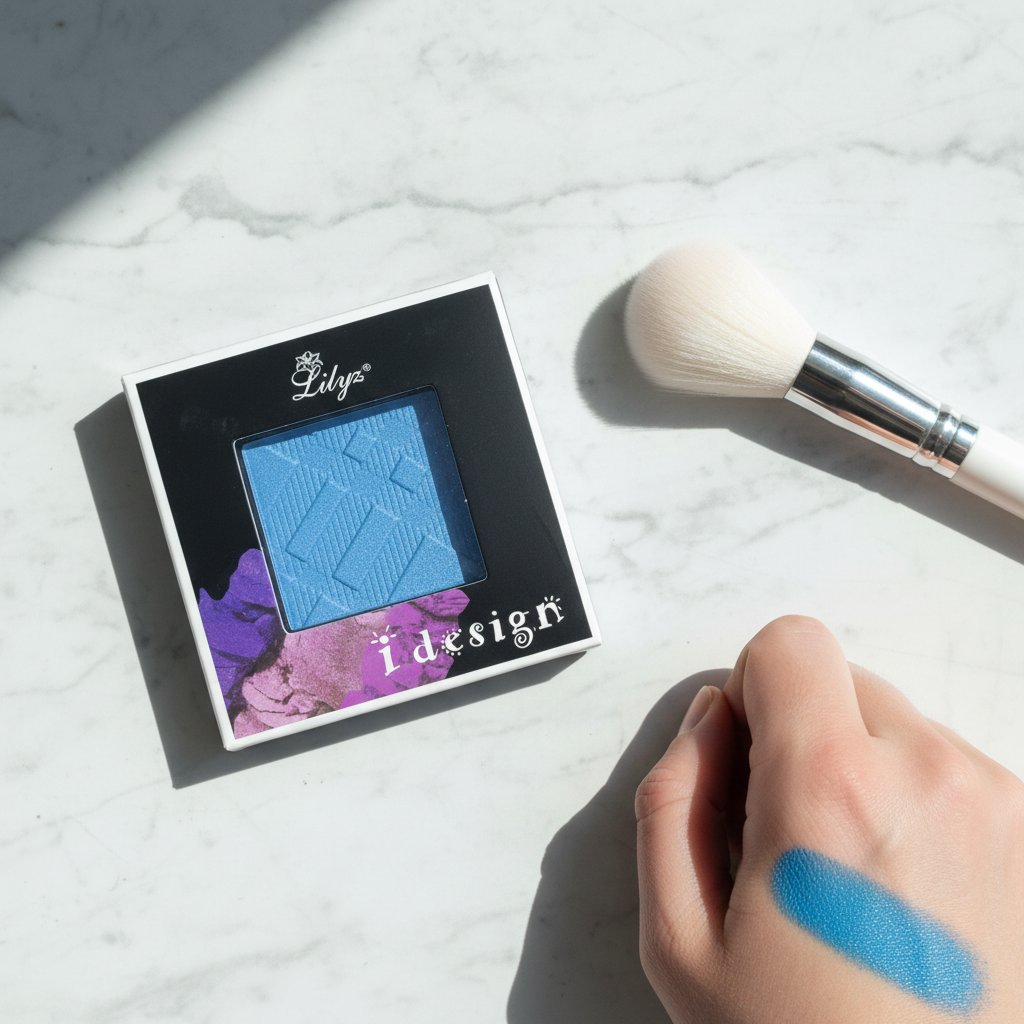 Lilyz Eyeshadow Mono Electric Blue on marble surface with makeup brush and colour swatch