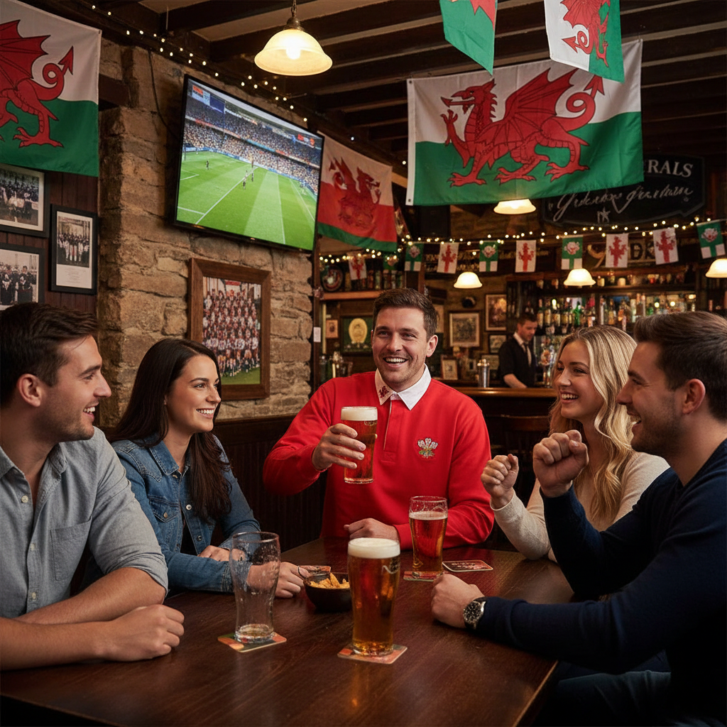 Man wearing traditional Welsh rugby shirt at pub watching match - lifestyle image