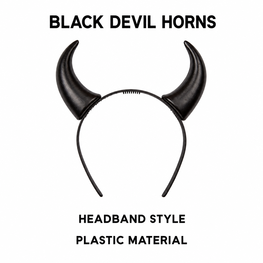 Black devil horns headband with labels for its headband style and plastic material