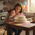 Mother and child placing pink birthday candles on a celebration cake in a cosy family kitchen