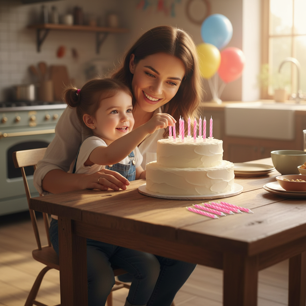 Mother and child placing pink birthday candles on a celebration cake in a cosy family kitchen