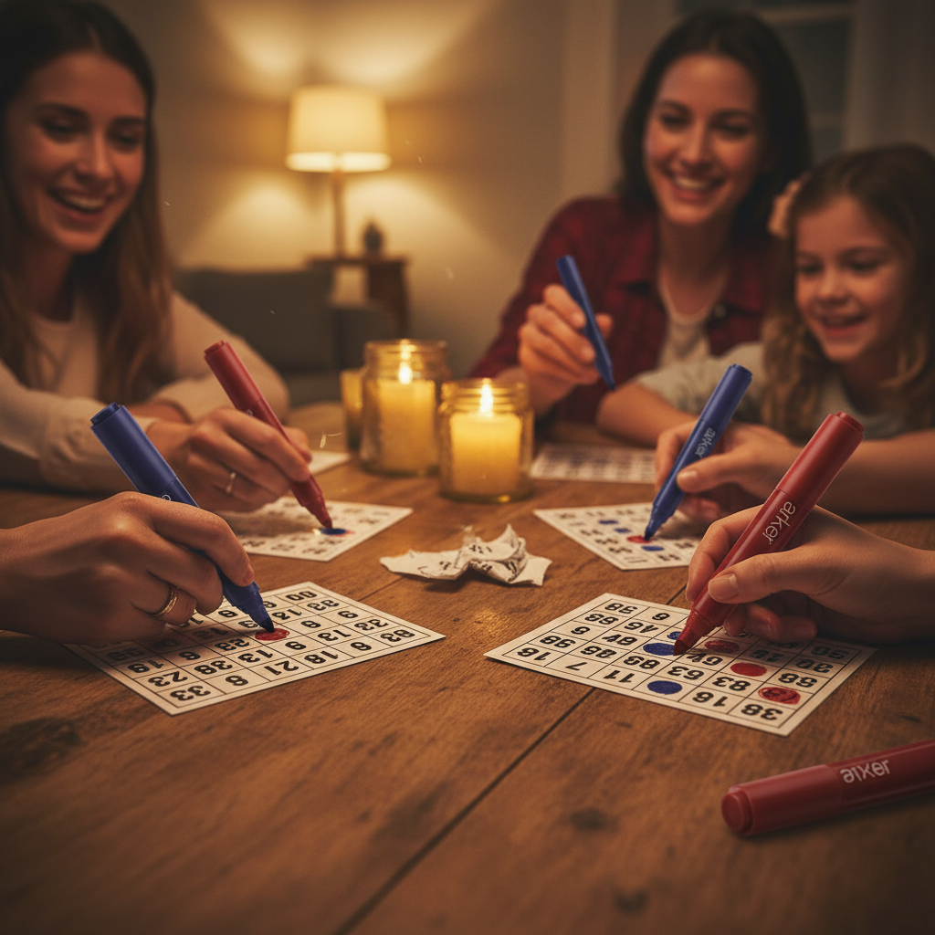 Family enjoying a warm bingo night at home using Anker Stationery Bingo Markers in navy-purple and burgundy-red