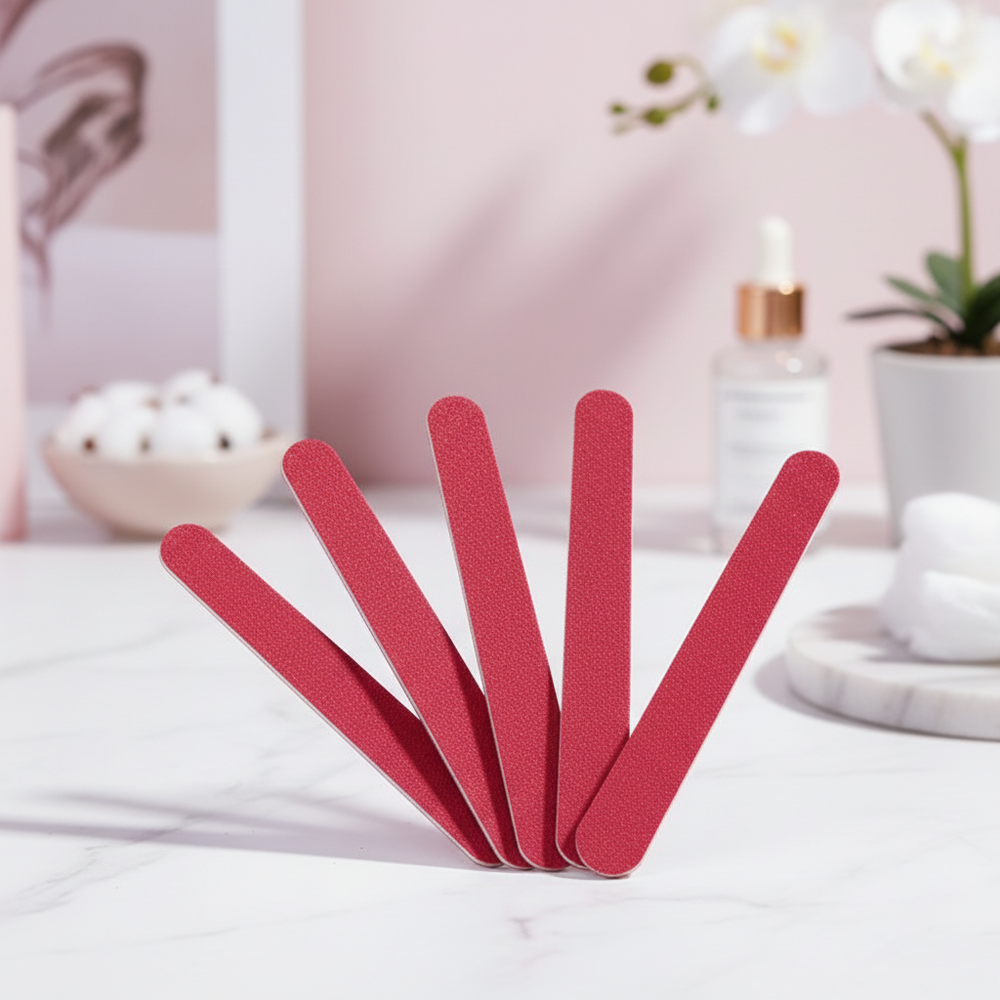 Red emery boards displayed on elegant beauty salon background