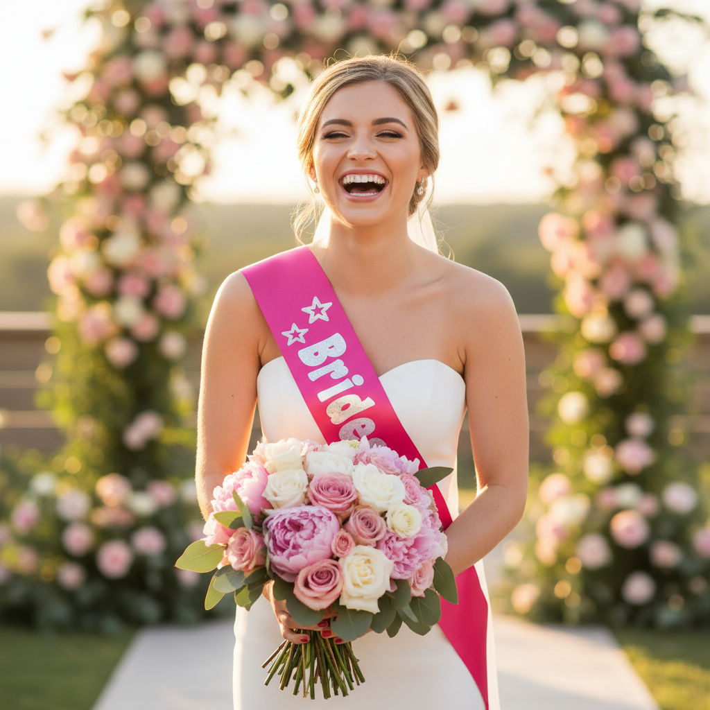 Bridesmaid wearing Hot Pink Silver Foil Sash over white dress at outdoor wedding venue during golden hour