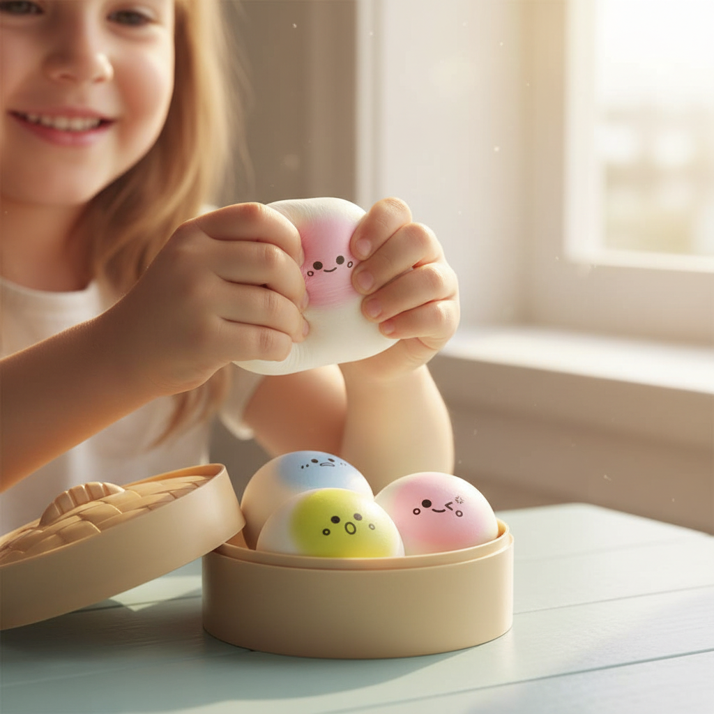 Child's hands squeezing a soft pink kawaii squishy bao bun in warm golden hour light with bamboo steamer and other buns in background