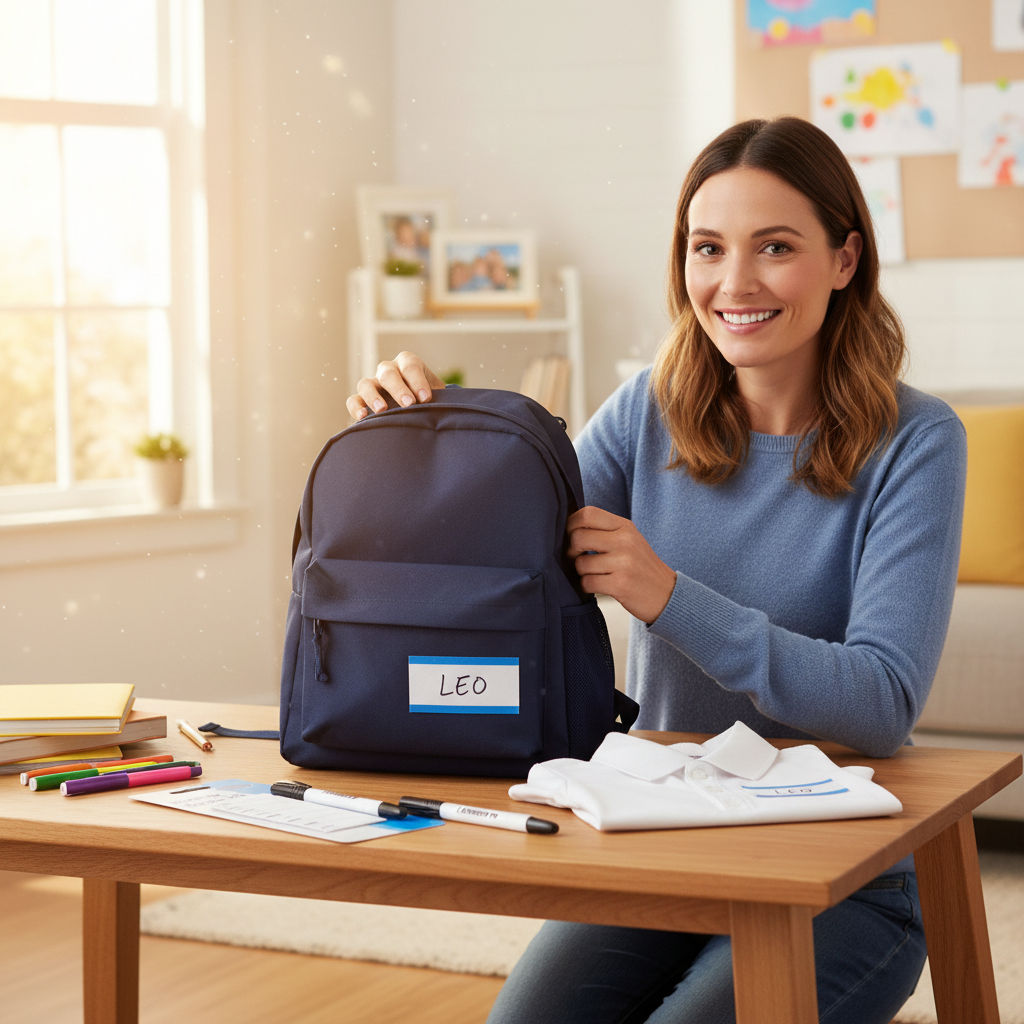 Parent packing school bag with name tape labels visible on uniform, Name Tape Kit And Pen on table