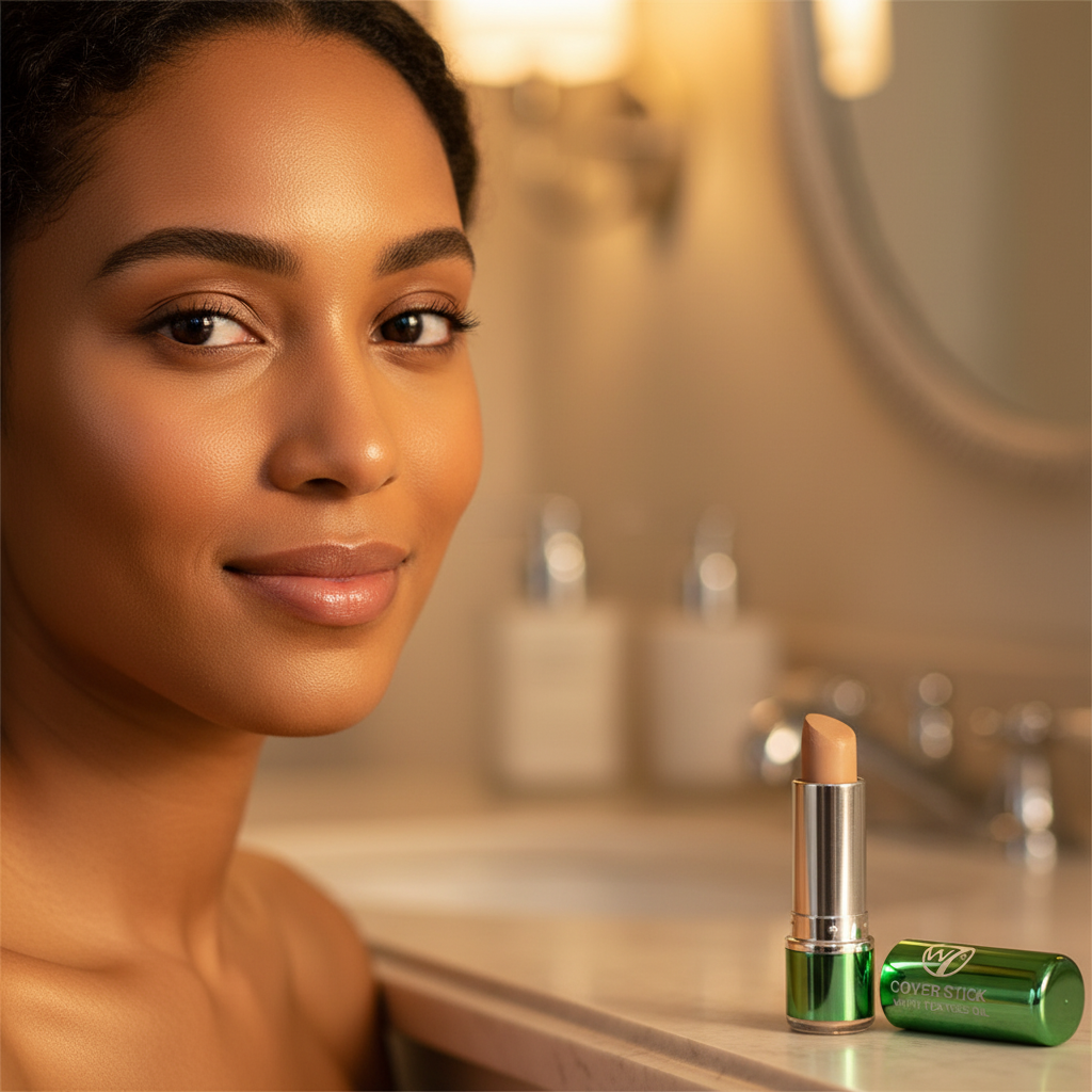 Beautiful flawless complexion result from using W7 Tea Tree Concealer Stick, perfectly concealed blemishes and dark circles on medium-deep skin tone
