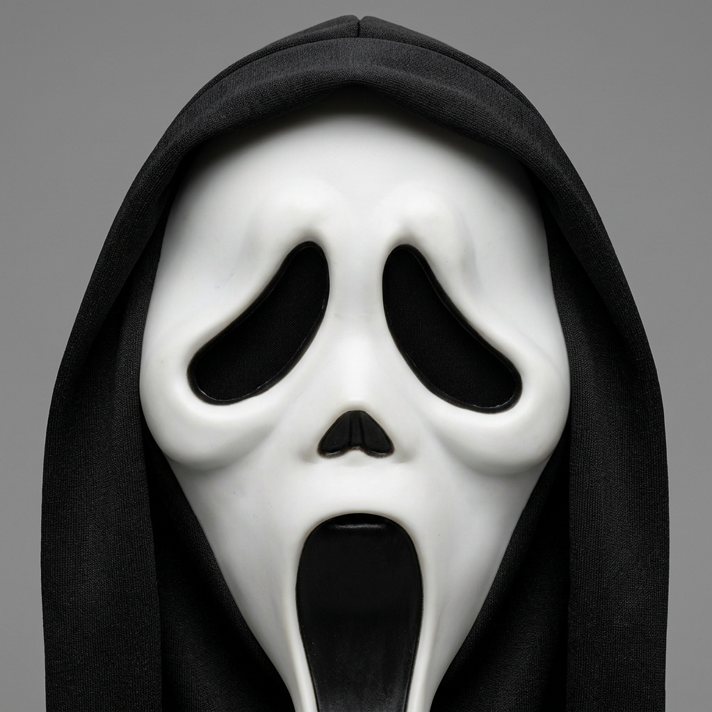 Close-up of the Ghost Face mask's white face, black eye openings and fabric hood