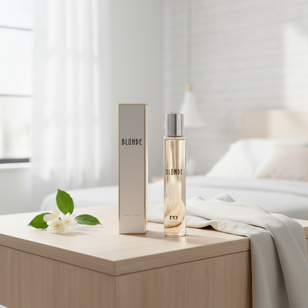 D&M Fragrances Blonde perfume bottle and box styled on a dressing table with natural window light and white flowers