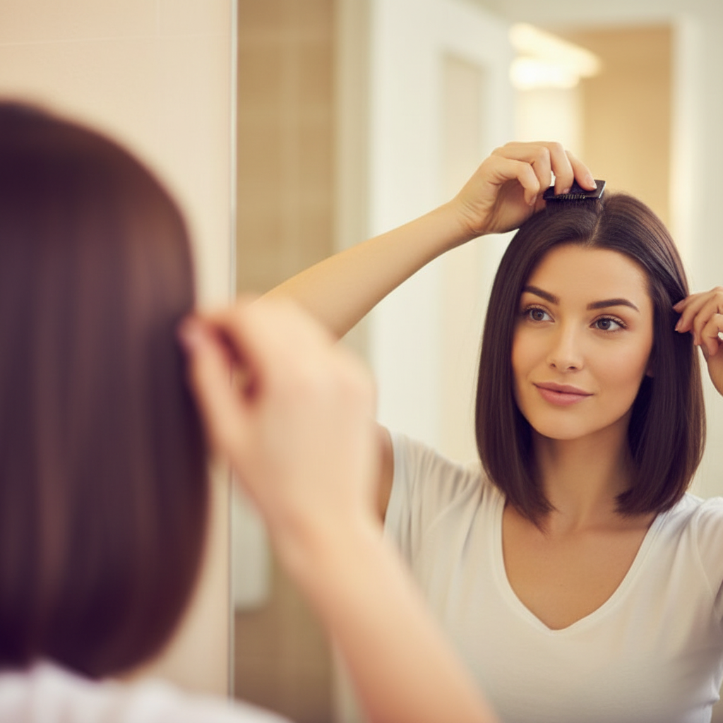 Woman clipping in a chocolate brown one-piece hair extension in a candid mirror moment