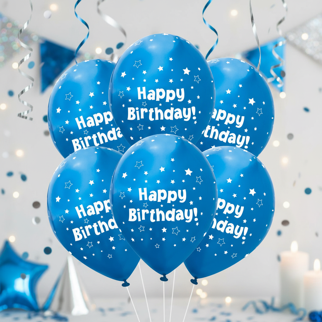 11 inch metallic blue latex balloons with star pattern Happy Birthday design, pack of 6 premium party balloons