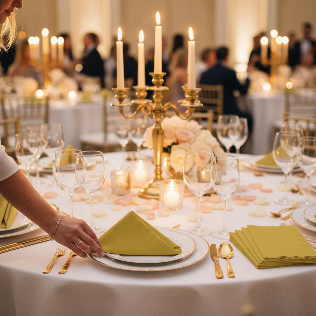Elegant gold napkins fanned on a luxury wedding reception table with candelabras and rose petals