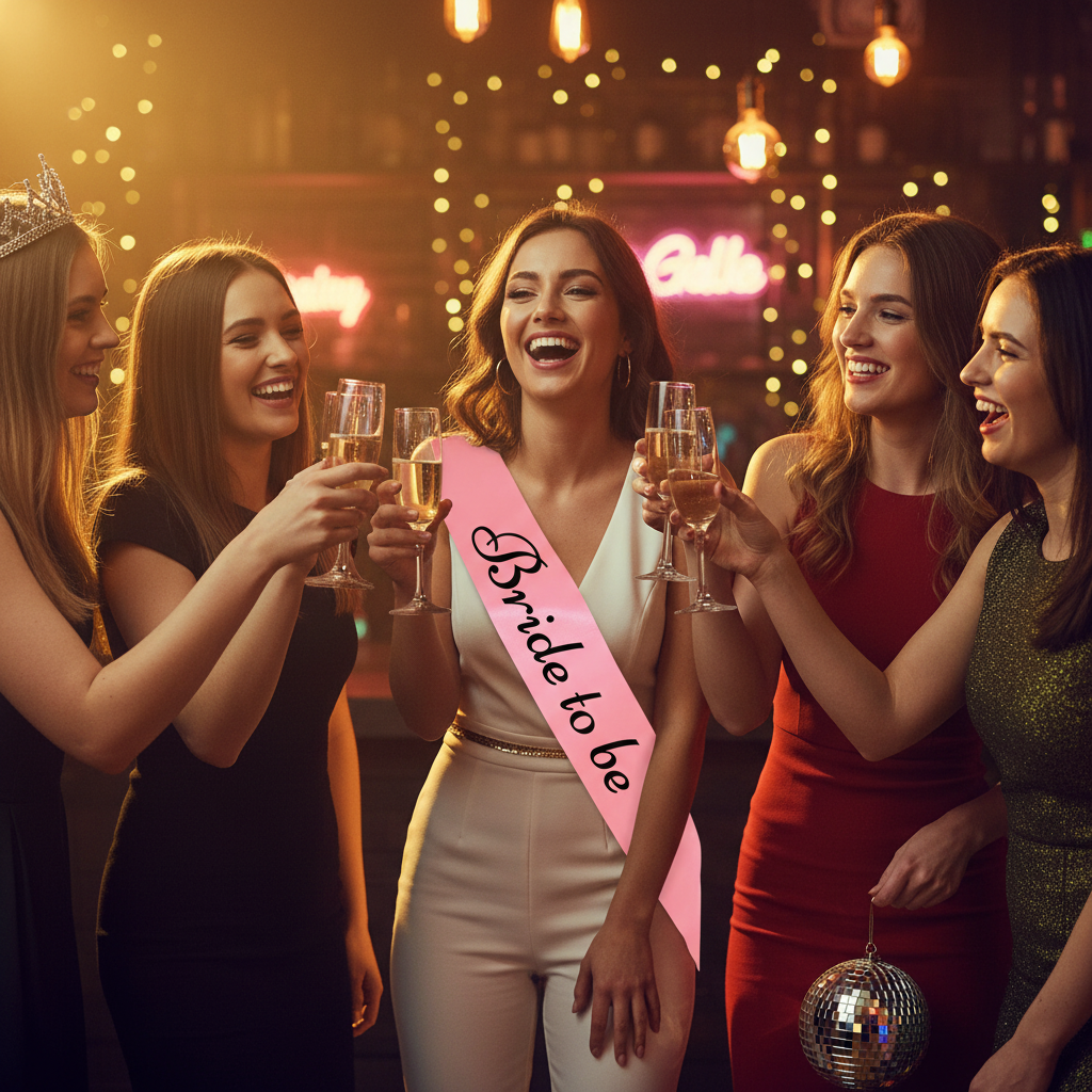 Bride to be wearing pink hen party sash celebrating with friends on a night out
