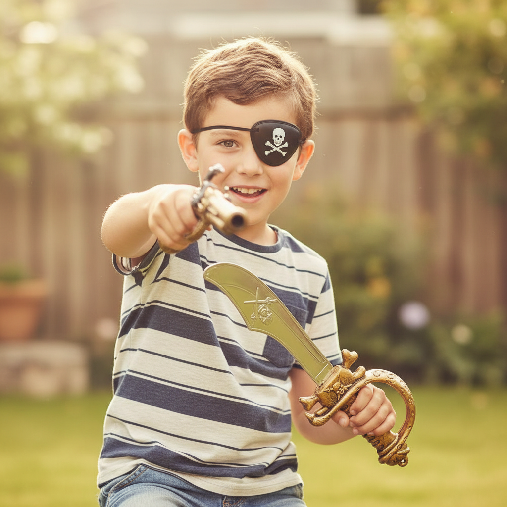 Child playing with pirate fancy dress set wearing black eye patch and holding antique gold pistol and silver sword