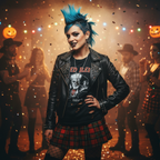 Young woman fully transformed into a punk rock costume look wearing multiple silver chrome clip-on fake hoop piercings on nose, lip and ear at a Halloween party, warm cinematic atmosphere