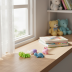 Four squishy squeeze toys in pastel colours arranged on a wooden shelf in a child's bedroom with natural window light