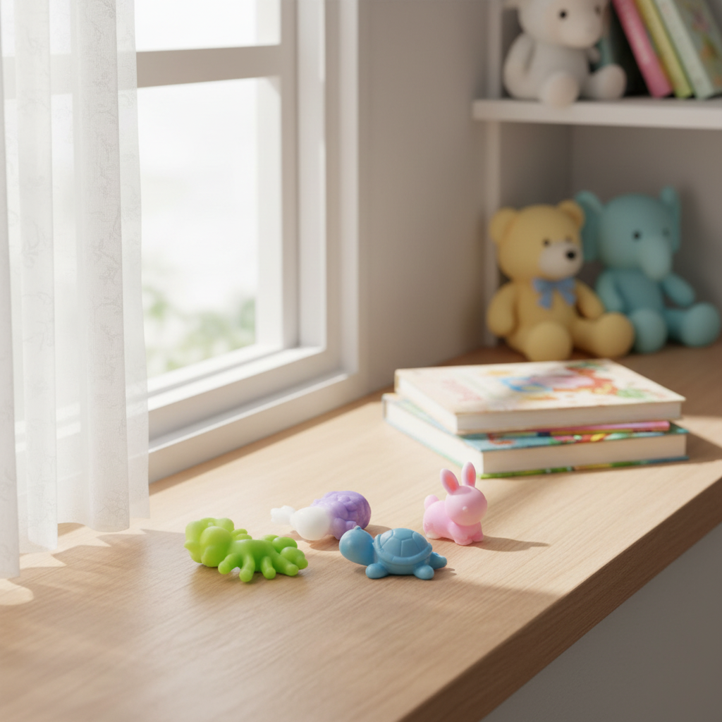 Four squishy squeeze toys in pastel colours arranged on a wooden shelf in a child's bedroom with natural window light