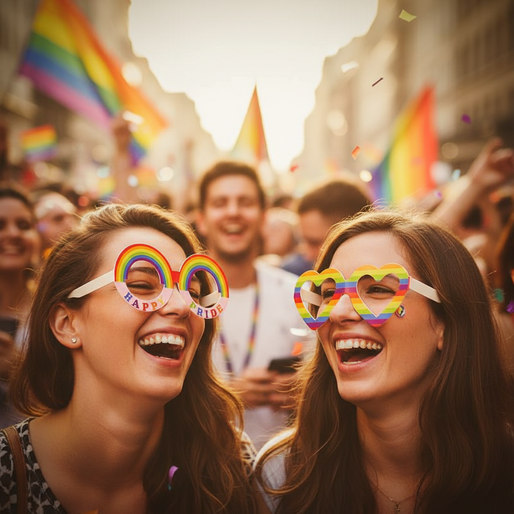 Two friends wearing Gay Pride rainbow cardboard novelty glasses celebrating at Pride parade in warm golden hour light