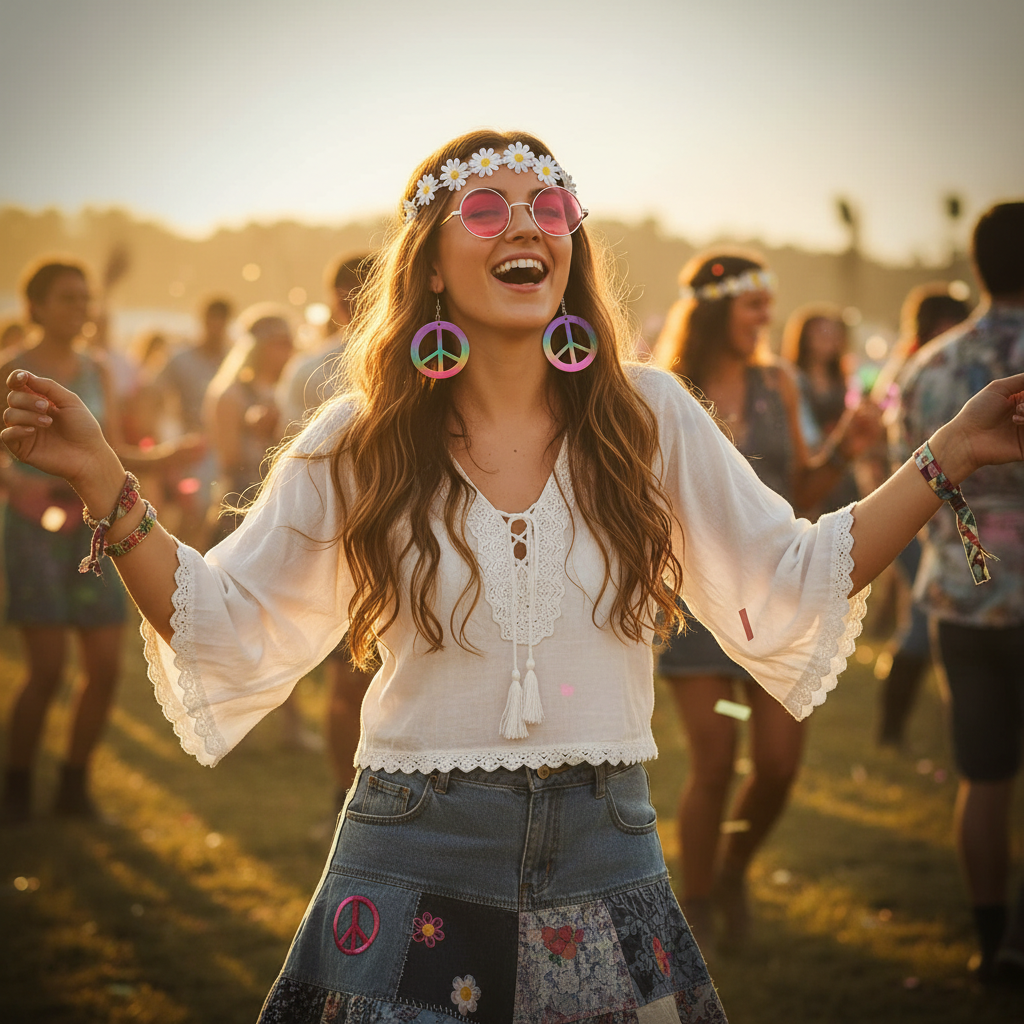 Woman in hippie fancy dress set dancing joyfully at golden hour festival — pink sunglasses, daisy crown and rainbow earrings