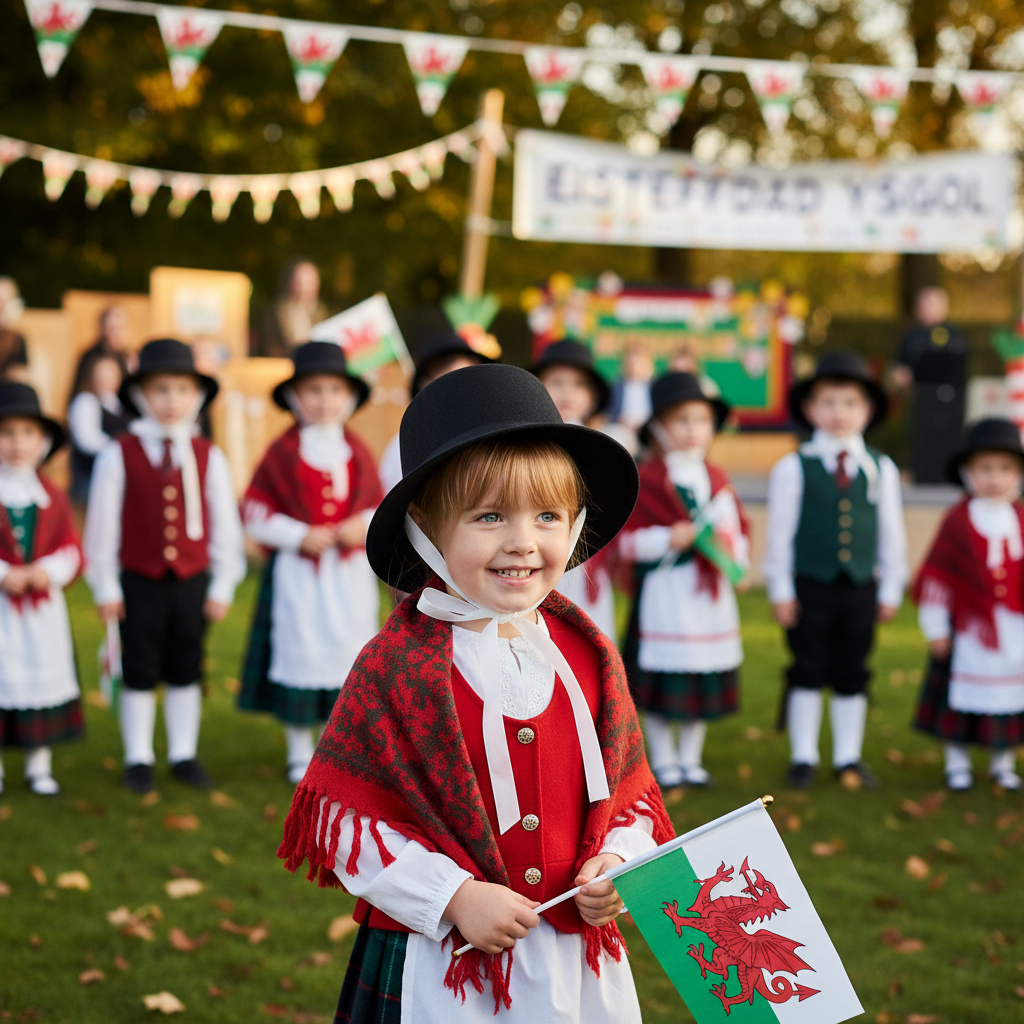 Children wearing traditional Welsh cockle-shell bonnets at Welsh cultural festival