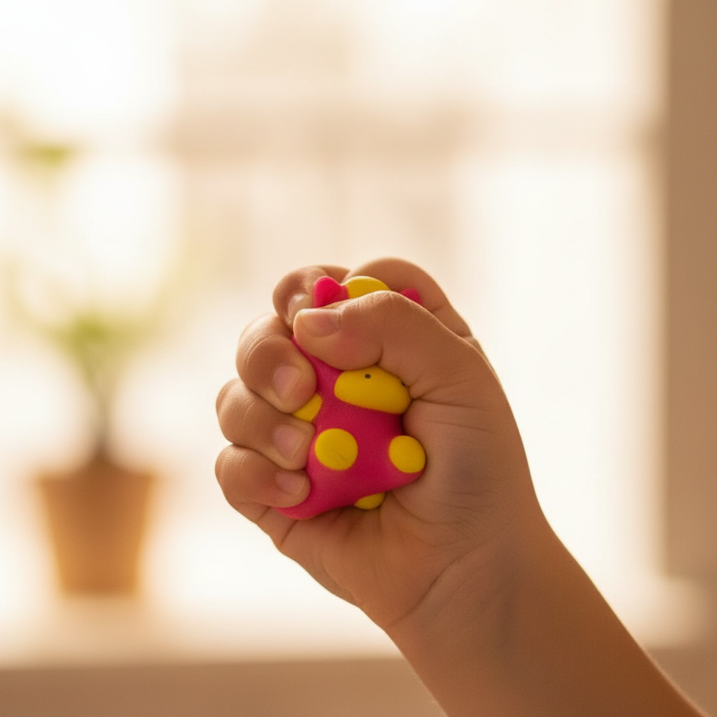 Child's hand squeezing pink squishy bear toy — candid interaction with creamy bokeh background