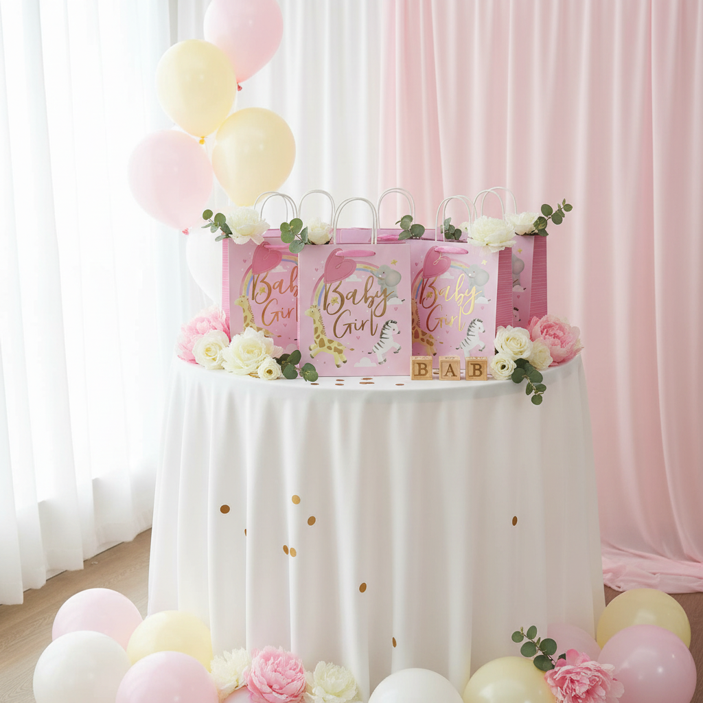 Multiple pink baby girl gift bags styled as a baby shower display