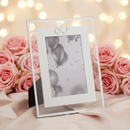 Milestones Silver Age 80 Photo Frame 4x6 displayed against a luxurious blush rose and champagne silk background