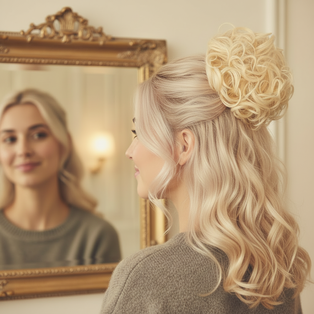 Woman with platinum blonde hair wearing 613 Daisy curly messy hair bun in an updo, glancing at ornate gold mirror — human interaction lifestyle shot