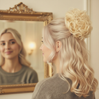 Woman with platinum blonde hair wearing 613 Daisy curly messy hair bun in an updo, glancing at ornate gold mirror — human interaction lifestyle shot