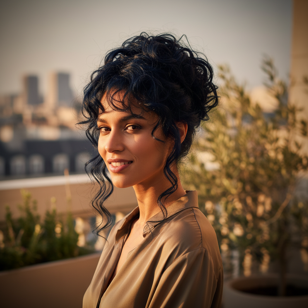 Confident woman with beautiful jet black curly updo hair bun in golden hour light, aspirational lifestyle scene