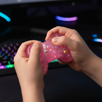 Close-up of child's hands squeezing a pink Stretch and Squeeze Game Controller Gel Toy showing glitter gel shifting inside