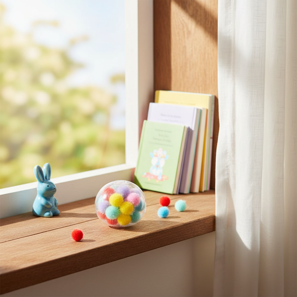 Squishy pom pom ball on a child's bedroom windowsill in natural window light, playroom interior setting