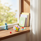 Squishy pom pom ball on a child's bedroom windowsill in natural window light, playroom interior setting