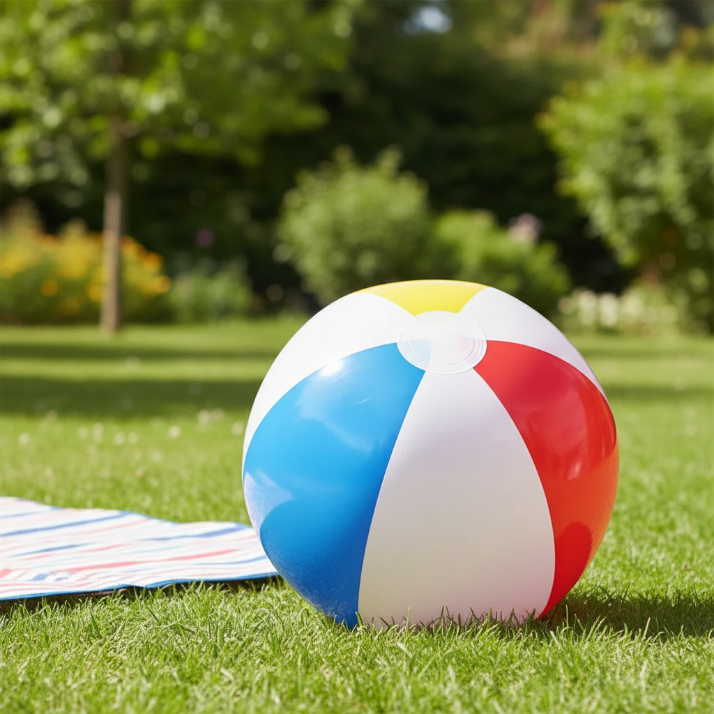 Inflatable Ball 18 Inch resting on grass in a natural garden setting with natural window light